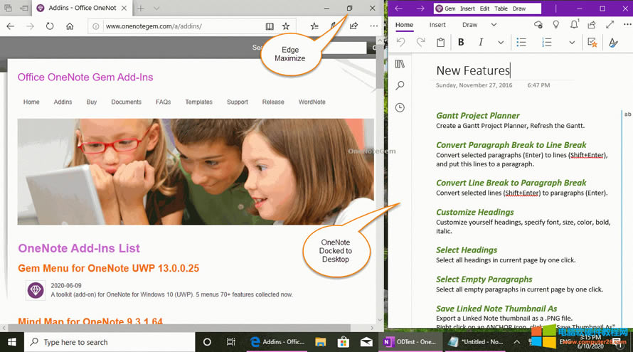 停靠在 Windows 桌面上的 OneNote UWP 窗口