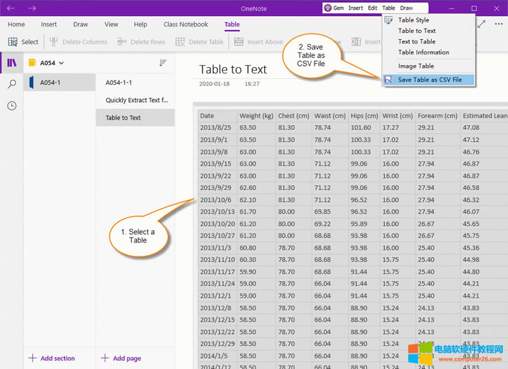 在 OneNote UWP 中選中一個(gè)表格