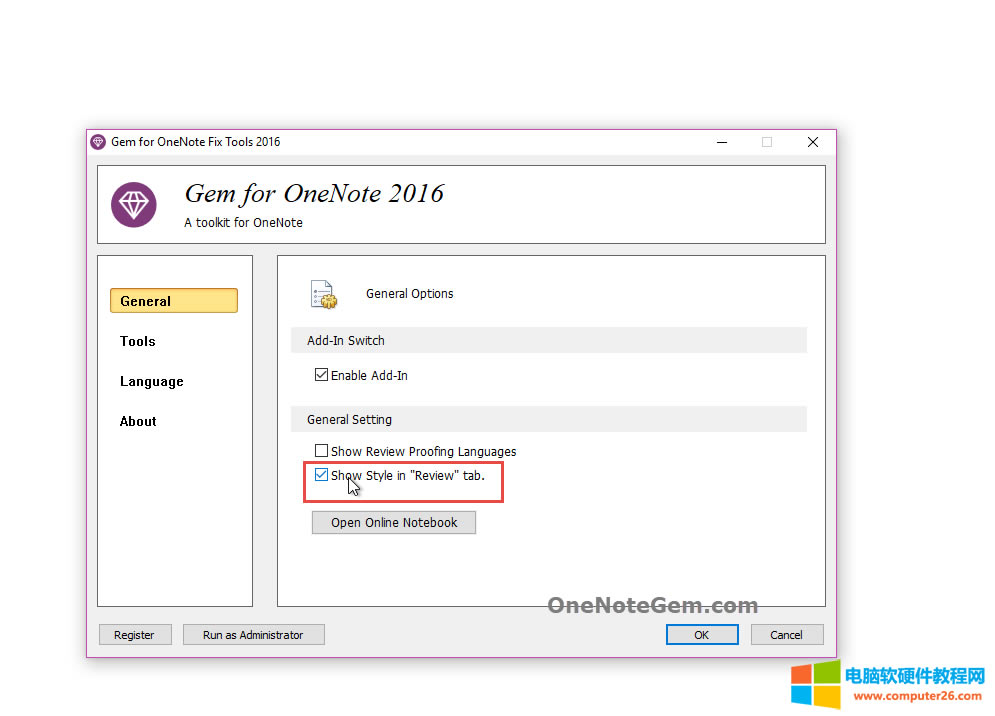 在 OneNote Gem Fix Tool 中打開在 OneNote 的“審閱”選項卡顯示自定義文本樣式菜單