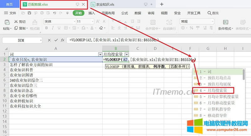 3、再接著按一個(gè)逗號(hào)“,”,直接輸入:4,或選擇:4-月均搜索量,因?yàn)椋覀円ヅ涞臄?shù)據(jù)位于全選整張表的第4列,如下圖所示: